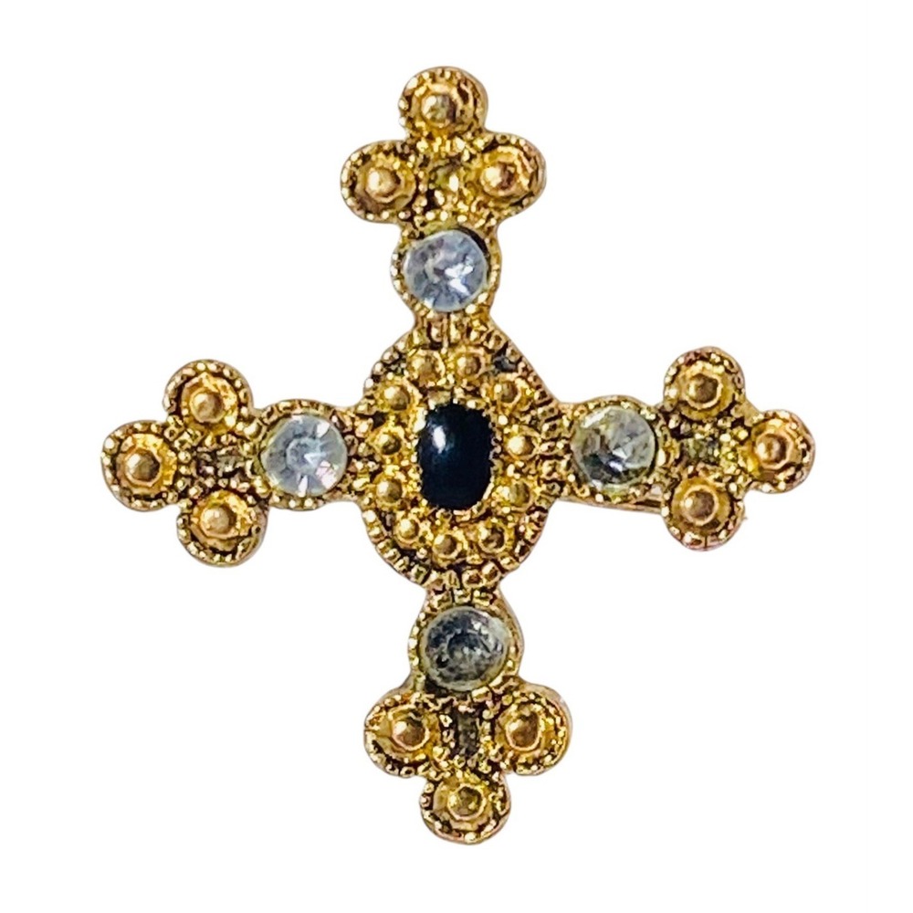 Vintage Gold Tone Jeweled Black Clear Rhinestone Cross Brooch Lapel Pin Gift